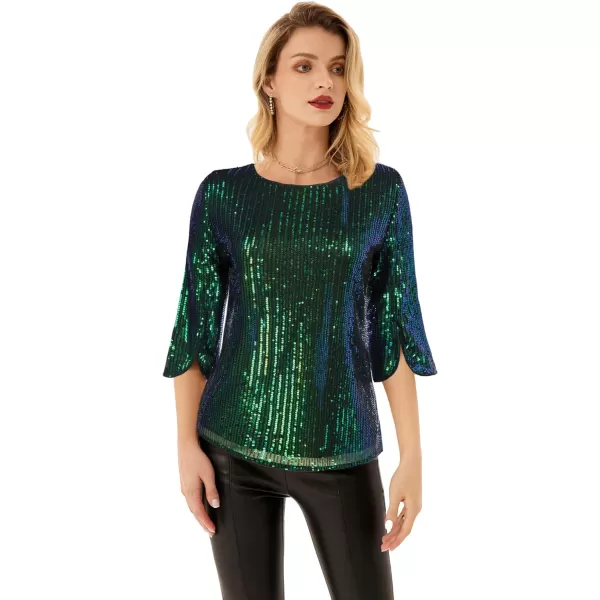 Womens Sparkle Sequin Party Blouse Tops Shimmer Glitter 34 Slit Sleeve Dressy TopsGreen