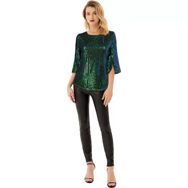 Womens Sparkle Sequin Party Blouse Tops Shimmer Glitter 34 Slit Sleeve Dressy TopsGreen