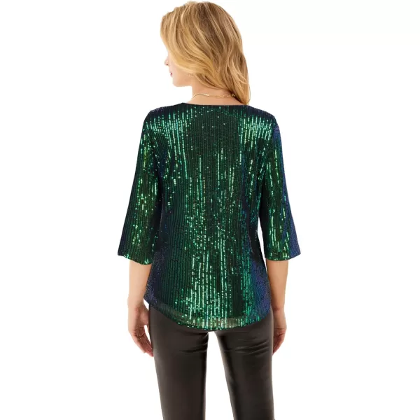 Womens Sparkle Sequin Party Blouse Tops Shimmer Glitter 34 Slit Sleeve Dressy TopsGreen