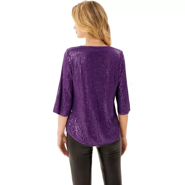 Womens Sparkle Sequin Party Blouse Tops Shimmer Glitter 34 Slit Sleeve Dressy TopsPurple