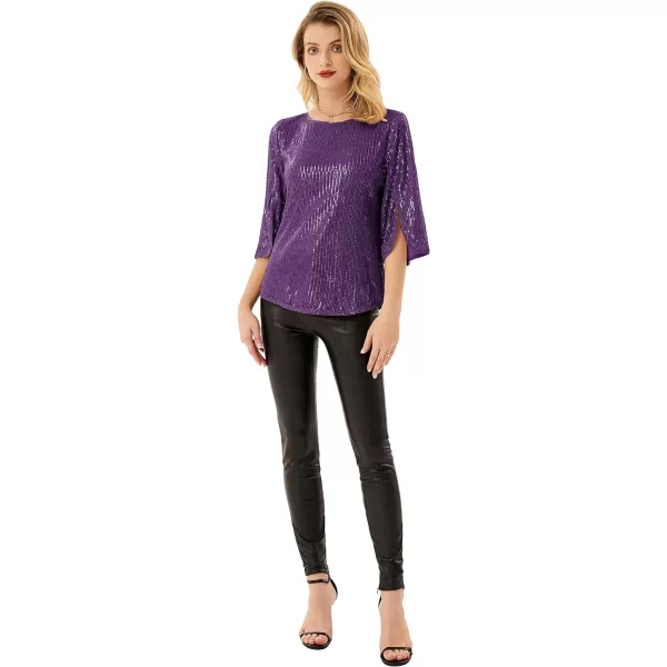 Womens Sparkle Sequin Party Blouse Tops Shimmer Glitter 34 Slit Sleeve Dressy TopsPurple