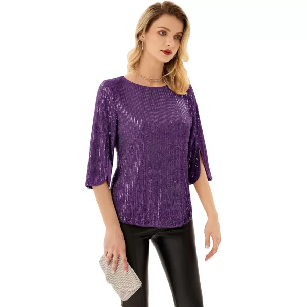 Womens Sparkle Sequin Party Blouse Tops Shimmer Glitter 34 Slit Sleeve Dressy TopsPurple