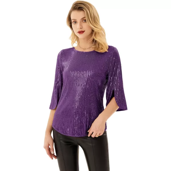 Womens Sparkle Sequin Party Blouse Tops Shimmer Glitter 34 Slit Sleeve Dressy TopsPurple