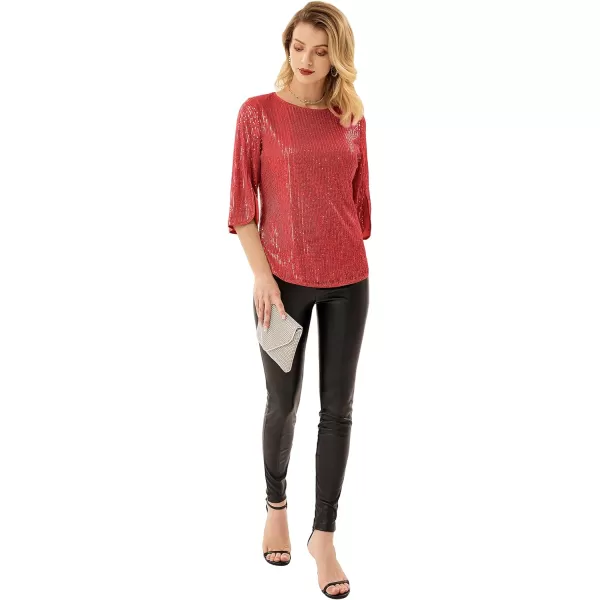 Womens Sparkle Sequin Party Blouse Tops Shimmer Glitter 34 Slit Sleeve Dressy TopsRed