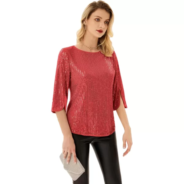 Womens Sparkle Sequin Party Blouse Tops Shimmer Glitter 34 Slit Sleeve Dressy TopsRed