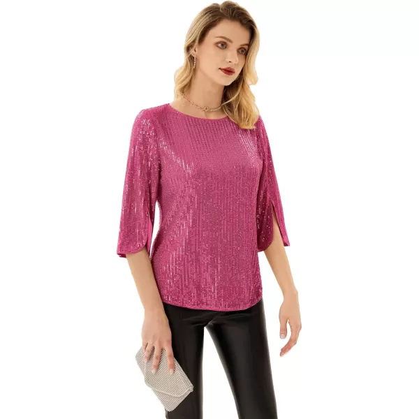 Womens Sparkle Sequin Party Blouse Tops Shimmer Glitter 34 Slit Sleeve Dressy TopsRose Red