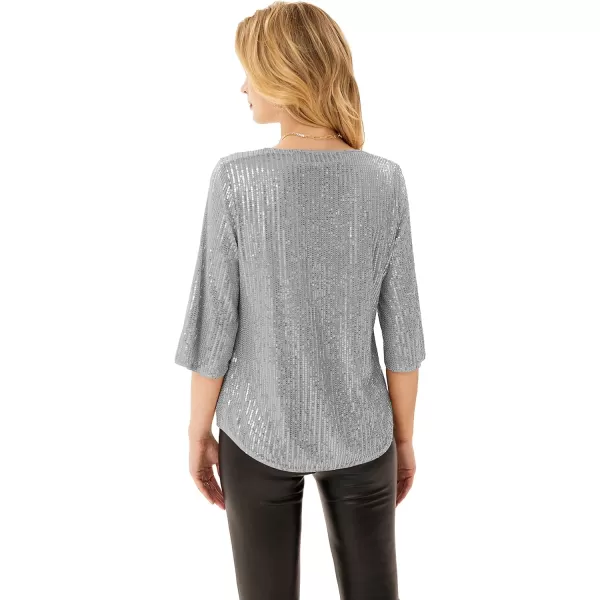 Womens Sparkle Sequin Party Blouse Tops Shimmer Glitter 34 Slit Sleeve Dressy TopsSilver Grey