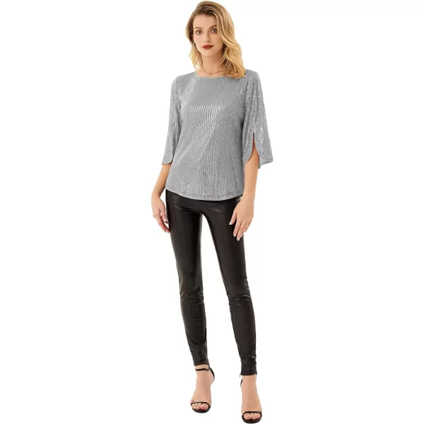 Womens Sparkle Sequin Party Blouse Tops Shimmer Glitter 34 Slit Sleeve Dressy TopsSilver Grey