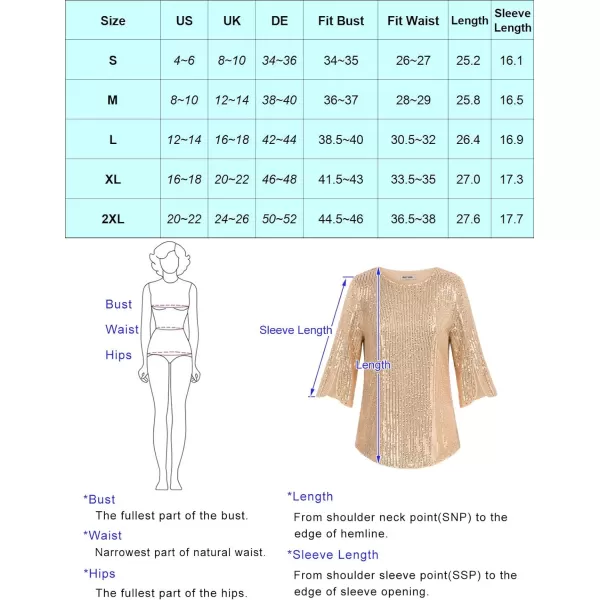 Womens Sparkle Sequin Party Blouse Tops Shimmer Glitter 34 Slit Sleeve Dressy TopsSilver Grey