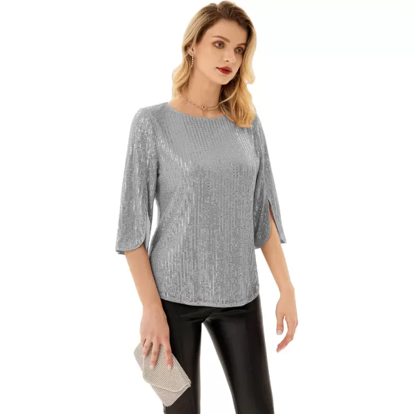 Womens Sparkle Sequin Party Blouse Tops Shimmer Glitter 34 Slit Sleeve Dressy TopsSilver Grey