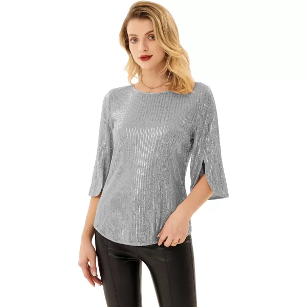 Womens Sparkle Sequin Party Blouse Tops Shimmer Glitter 34 Slit Sleeve Dressy TopsSilver Grey
