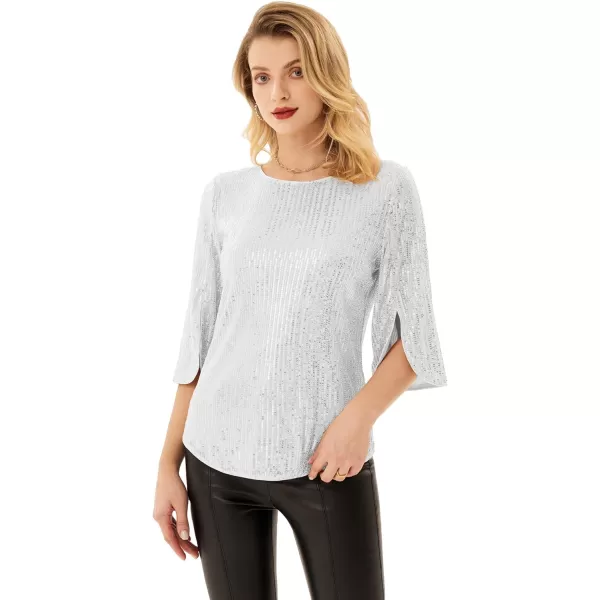 Womens Sparkle Sequin Party Blouse Tops Shimmer Glitter 34 Slit Sleeve Dressy TopsSilver White