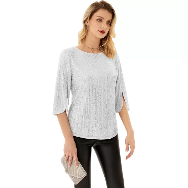 Womens Sparkle Sequin Party Blouse Tops Shimmer Glitter 34 Slit Sleeve Dressy TopsSilver White