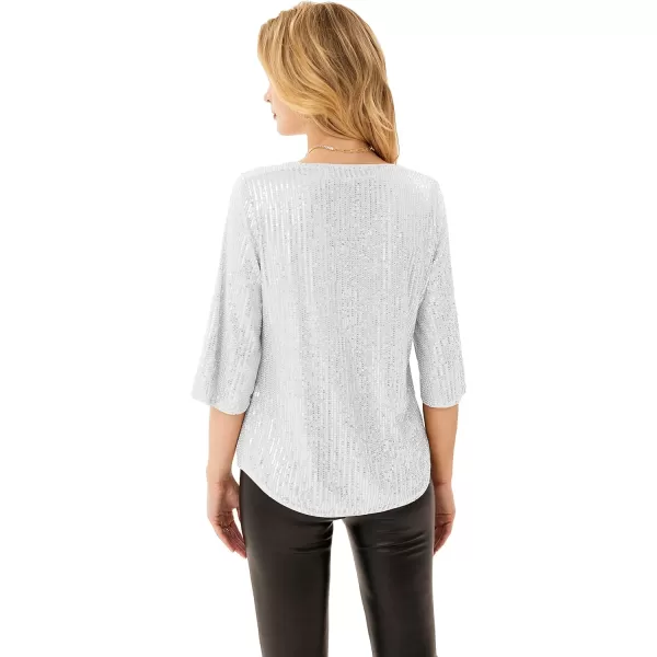Womens Sparkle Sequin Party Blouse Tops Shimmer Glitter 34 Slit Sleeve Dressy TopsSilver White