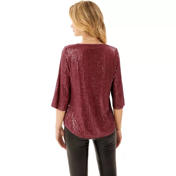 Womens Sparkle Sequin Party Blouse Tops Shimmer Glitter 34 Slit Sleeve Dressy TopsWine Red