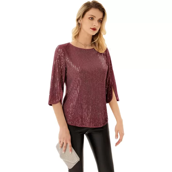 Womens Sparkle Sequin Party Blouse Tops Shimmer Glitter 34 Slit Sleeve Dressy TopsWine Red