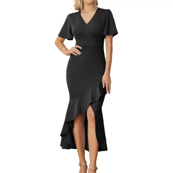 GRACE KARIN 2023 Elegant Ruffle Mermaid Formal Wedding Guest Dress Short Sleeve VNeck Cocktail Dress for Women Evening PartyBlack