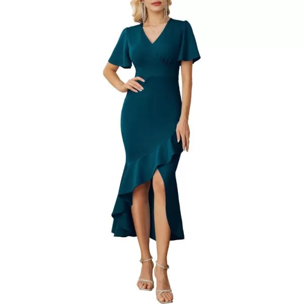 GRACE KARIN 2023 Elegant Ruffle Mermaid Formal Wedding Guest Dress Short Sleeve VNeck Cocktail Dress for Women Evening PartyBlue