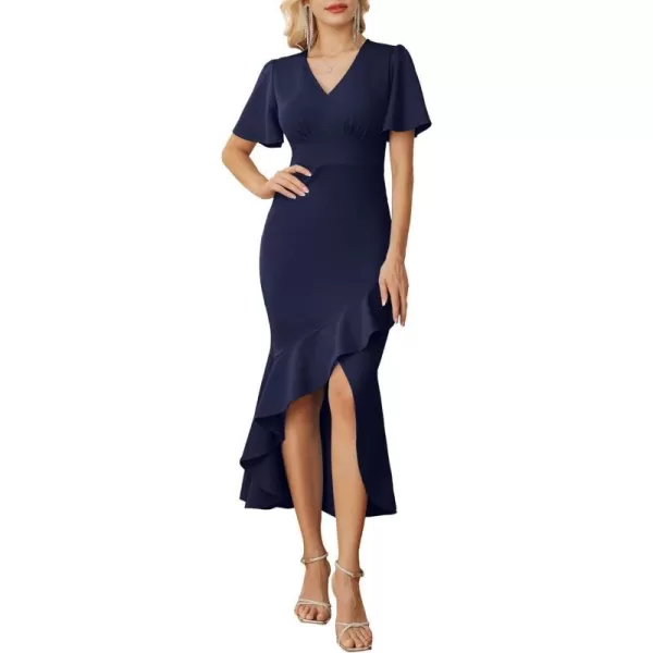 GRACE KARIN 2023 Elegant Ruffle Mermaid Formal Wedding Guest Dress Short Sleeve VNeck Cocktail Dress for Women Evening PartyNavy Blue