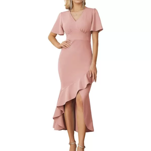 GRACE KARIN 2023 Elegant Ruffle Mermaid Formal Wedding Guest Dress Short Sleeve VNeck Cocktail Dress for Women Evening PartyPink