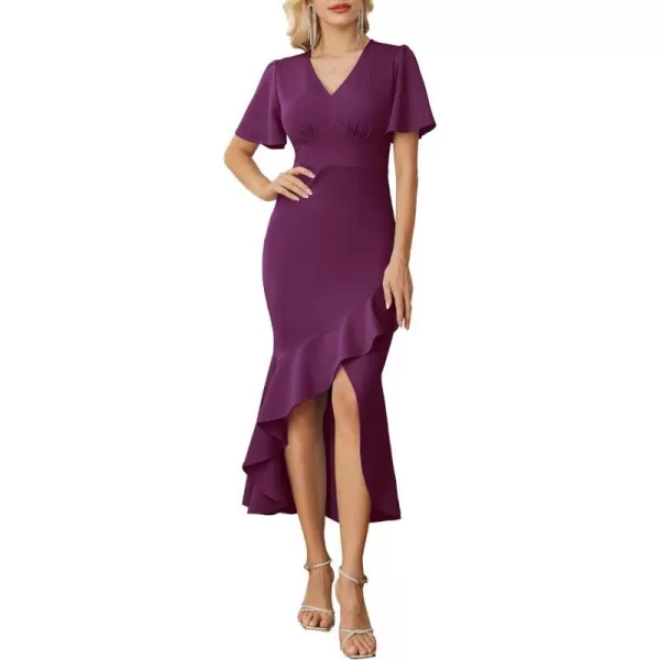 GRACE KARIN 2023 Elegant Ruffle Mermaid Formal Wedding Guest Dress Short Sleeve VNeck Cocktail Dress for Women Evening PartyPurple