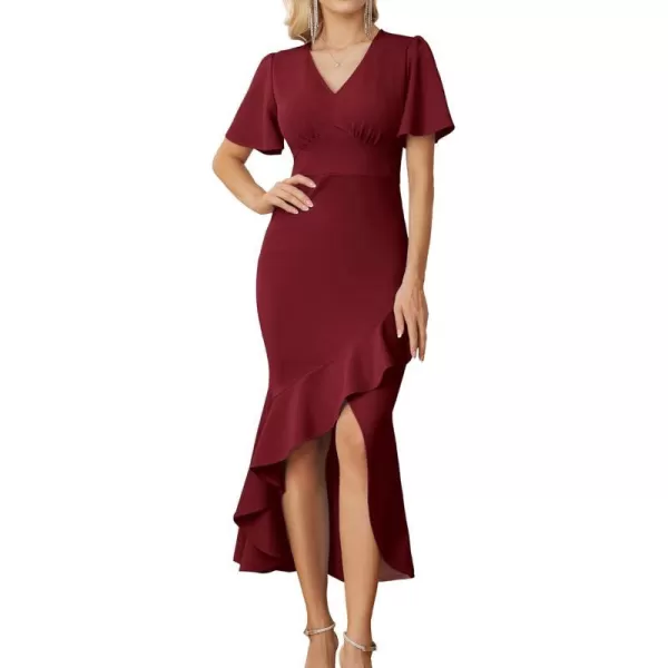 GRACE KARIN 2023 Elegant Ruffle Mermaid Formal Wedding Guest Dress Short Sleeve VNeck Cocktail Dress for Women Evening PartyWine Red