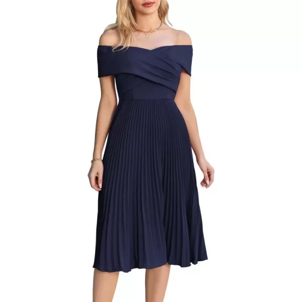 GRACE KARIN 2023 Off Shoulder Wedding Guest Dresses Pleated ALine Cocktail Dresses for Women Evening PartyNavy Blue