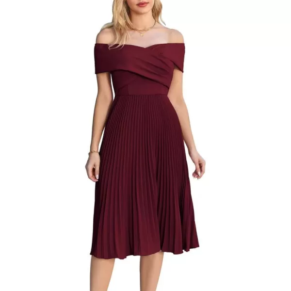 GRACE KARIN 2023 Off Shoulder Wedding Guest Dresses Pleated ALine Cocktail Dresses for Women Evening PartyWine Red