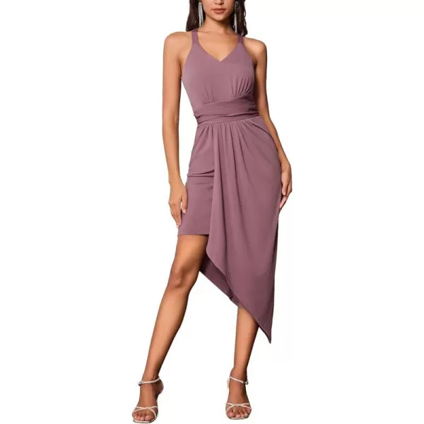 GRACE KARIN 2023 Sexy Halter V Neck Sleeveless Wrap Ruched Bodycon Irregular Hem DressFuchsia