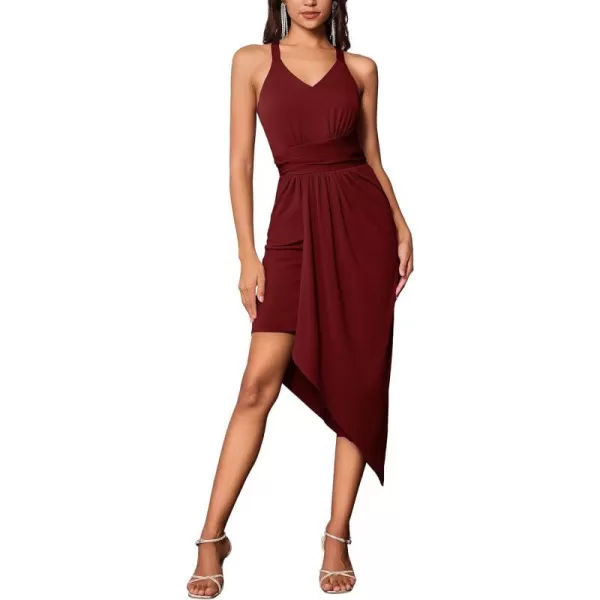 GRACE KARIN 2023 Sexy Halter V Neck Sleeveless Wrap Ruched Bodycon Irregular Hem DressWine Red