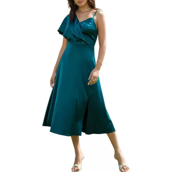 GRACE KARIN 2023 Spring Satin Floral Dress for Women Wedding Guest Wrap V Neck Asymmetric Sleeve A Line Midi DressBlue Green