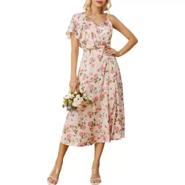 GRACE KARIN 2023 Spring Satin Floral Dress for Women Wedding Guest Wrap V Neck Asymmetric Sleeve A Line Midi DressPink