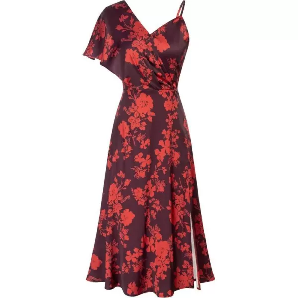 GRACE KARIN 2023 Spring Satin Floral Dress for Women Wedding Guest Wrap V Neck Asymmetric Sleeve A Line Midi DressWine Red