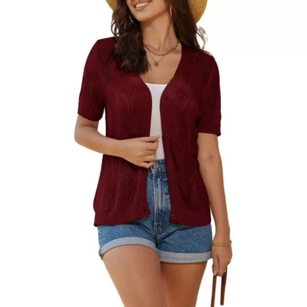 GRACE KARIN 2023 Summer Womens Short Sleeve Crochet Cardigan Shrug V Neck Bolero Sweater TopsBurgundy