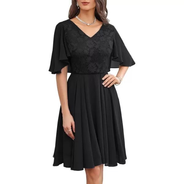 GRACE KARIN 2023 V Neck Pleated Dress Short Sleeve Chiffon Mini Dress Swing A Line Wedding Guest Short DressBlack