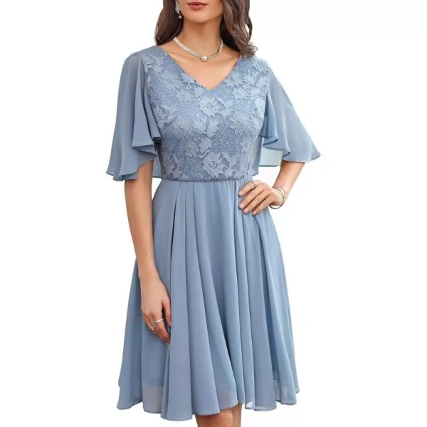 GRACE KARIN 2023 V Neck Pleated Dress Short Sleeve Chiffon Mini Dress Swing A Line Wedding Guest Short DressGrey Blue