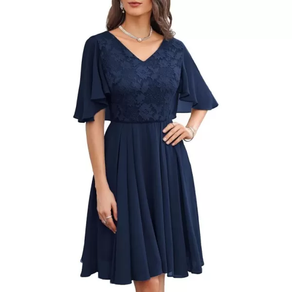 GRACE KARIN 2023 V Neck Pleated Dress Short Sleeve Chiffon Mini Dress Swing A Line Wedding Guest Short DressNavy