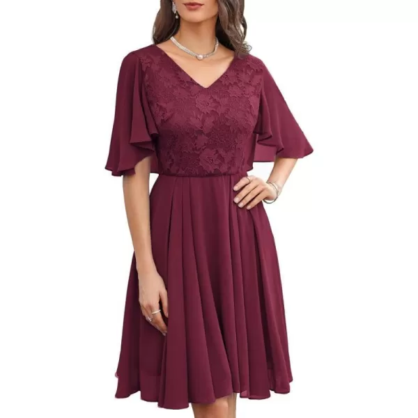 GRACE KARIN 2023 V Neck Pleated Dress Short Sleeve Chiffon Mini Dress Swing A Line Wedding Guest Short DressWine Red