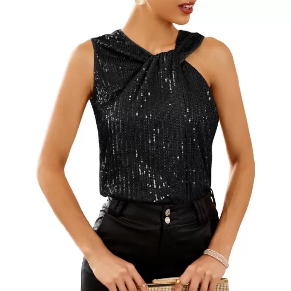 GRACE KARIN 2023 Womens Asymmetrical Twist Neck Sequin Top Slim Fit Cocktail Sparkle Tank TopsBlacksequin