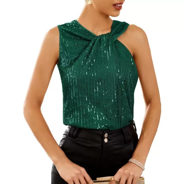 GRACE KARIN 2023 Womens Asymmetrical Twist Neck Sequin Top Slim Fit Cocktail Sparkle Tank TopsBlue Greensequin