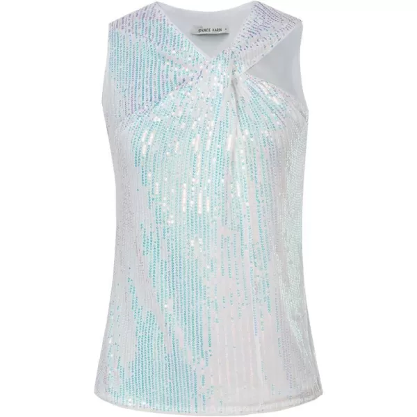 GRACE KARIN 2023 Womens Asymmetrical Twist Neck Sequin Top Slim Fit Cocktail Sparkle Tank TopsMulticolorwhitesequin