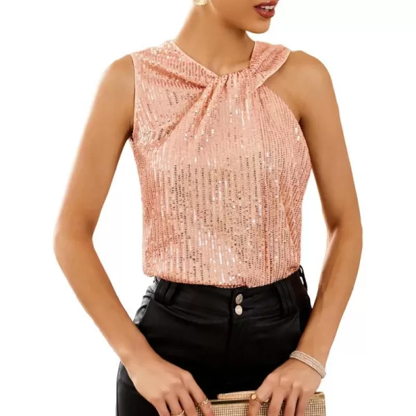 GRACE KARIN 2023 Womens Asymmetrical Twist Neck Sequin Top Slim Fit Cocktail Sparkle Tank TopsPinksequin