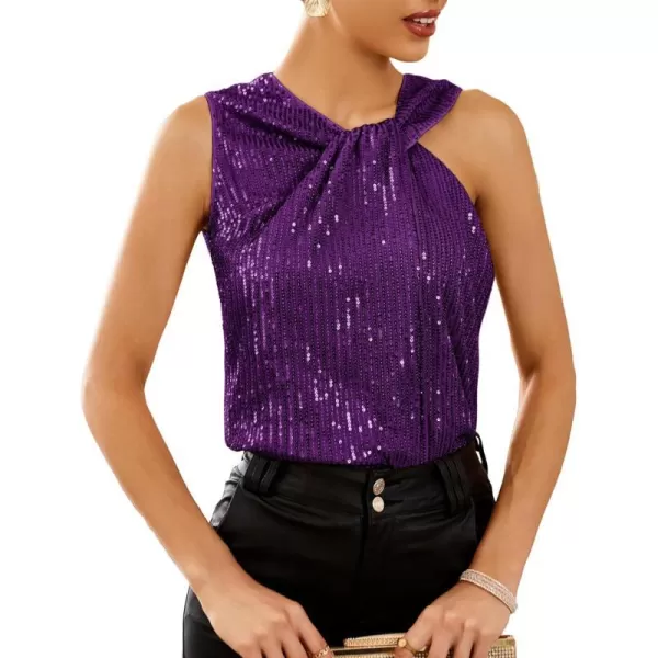 GRACE KARIN 2023 Womens Asymmetrical Twist Neck Sequin Top Slim Fit Cocktail Sparkle Tank TopsPurplesequin