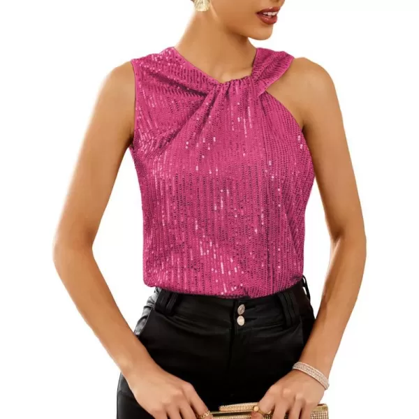 GRACE KARIN 2023 Womens Asymmetrical Twist Neck Sequin Top Slim Fit Cocktail Sparkle Tank TopsRose Redsequin