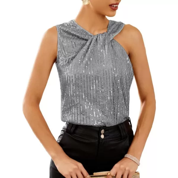 GRACE KARIN 2023 Womens Asymmetrical Twist Neck Sequin Top Slim Fit Cocktail Sparkle Tank TopsSilver Graysequin