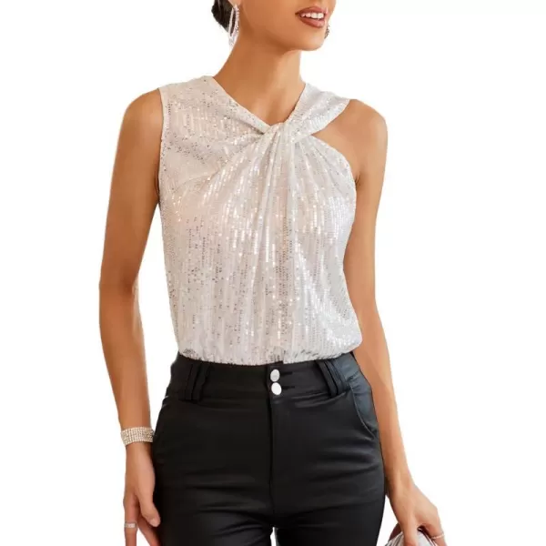 GRACE KARIN 2023 Womens Asymmetrical Twist Neck Sequin Top Slim Fit Cocktail Sparkle Tank TopsSilver Whitesequin