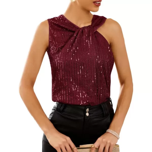 GRACE KARIN 2023 Womens Asymmetrical Twist Neck Sequin Top Slim Fit Cocktail Sparkle Tank TopsWine Redsequin