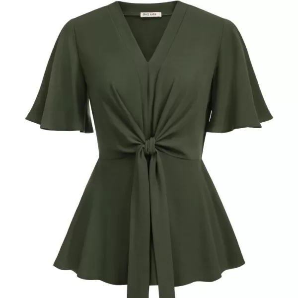 GRACE KARIN 2023 Womens Elegant Peplum Tops V Neck Tie Front Short Bell Sleeve Shirts Tops BlouseArmy Green