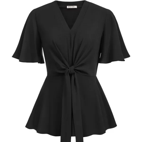 GRACE KARIN 2023 Womens Elegant Peplum Tops V Neck Tie Front Short Bell Sleeve Shirts Tops BlouseBlack