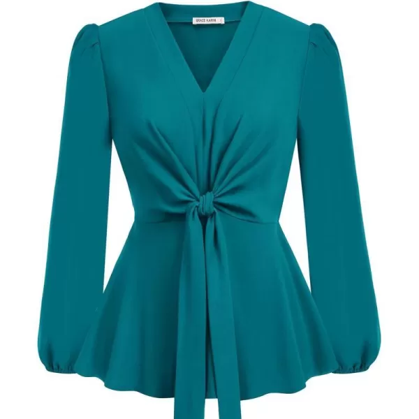 GRACE KARIN 2023 Womens Elegant Peplum Tops V Neck Tie Front Short Bell Sleeve Shirts Tops BlouseBlue Greenl43